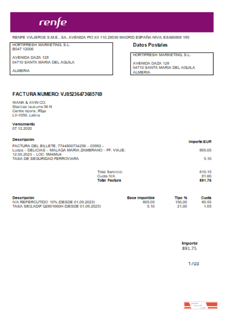 Renfe utility business bill, SCR PSD template